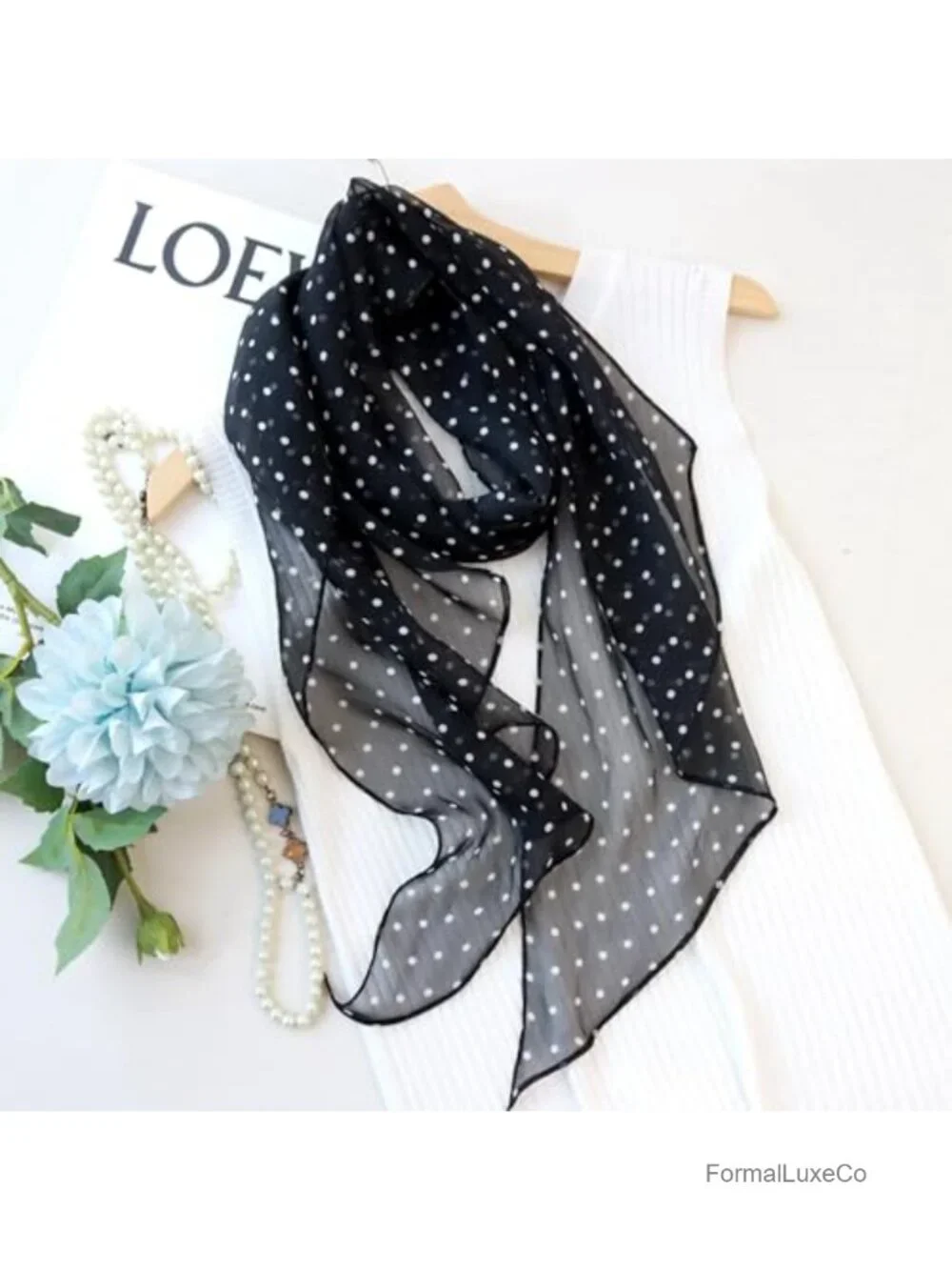 100% Mulberry Silk Long Lightweight Fashion Scarf Wrap Large Polka Dot Print